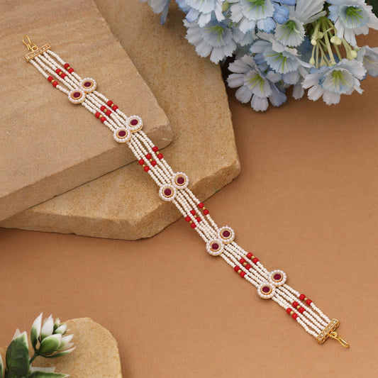 Red & White Color Matha Patti Featuring Graceful Kundan Detailing For Festive Occasions