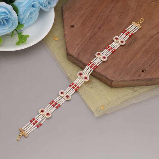 Red & White Color Matha Patti Featuring Graceful Kundan Detailing For Festive Occasions