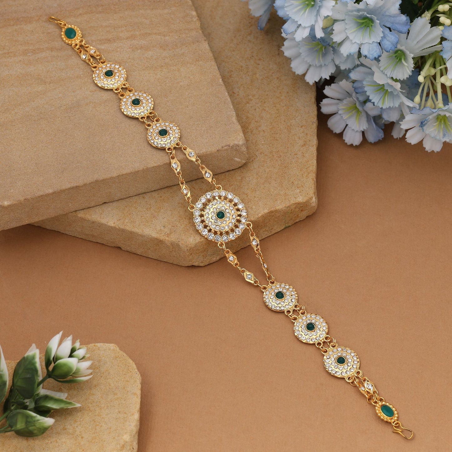 Green & White Color Matha Patti Inspired By Classic Indian Ethnic Jewelry Styles