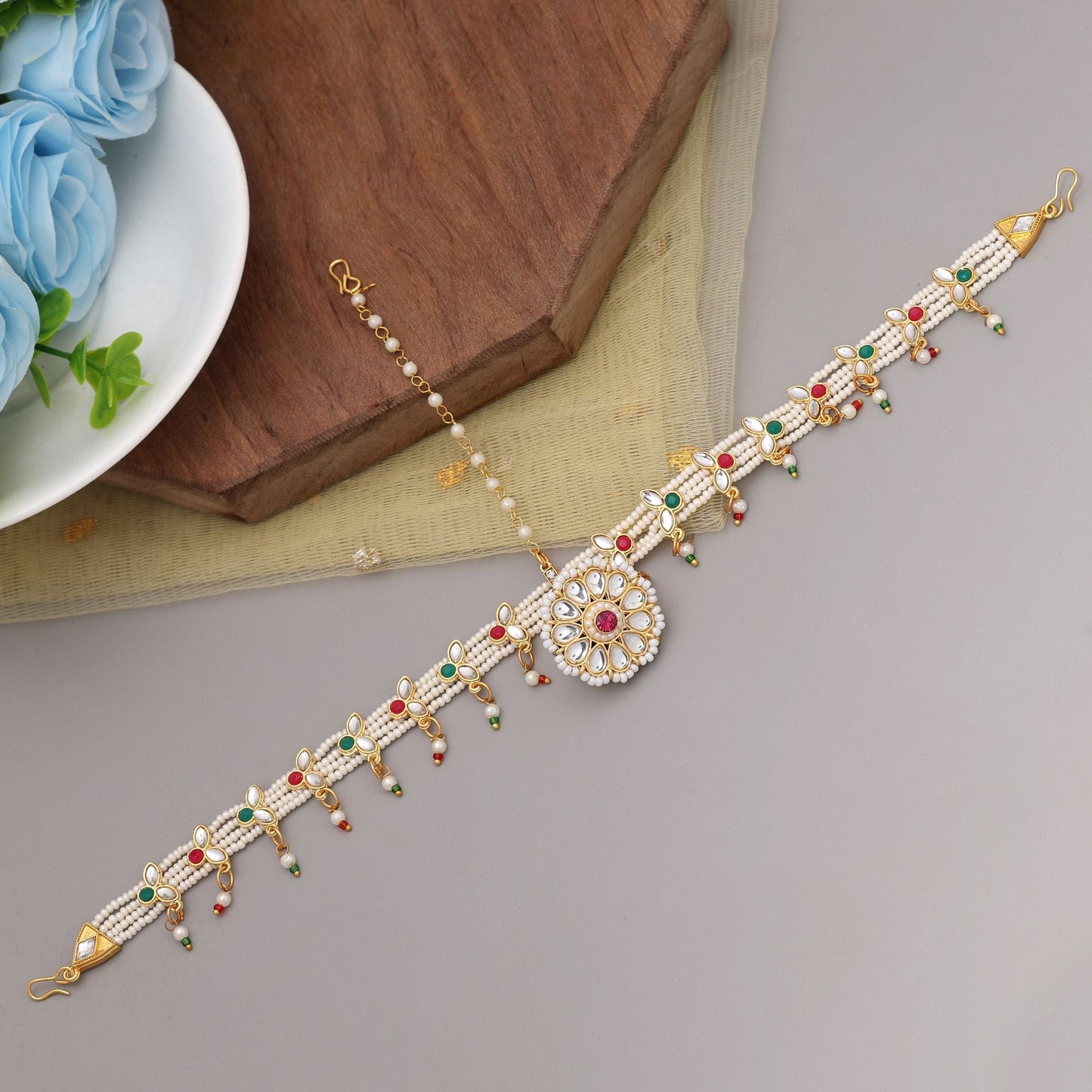 Multi Color Kundan Matha Patti Showcasing Vibrant Hues And Intricate Detailing