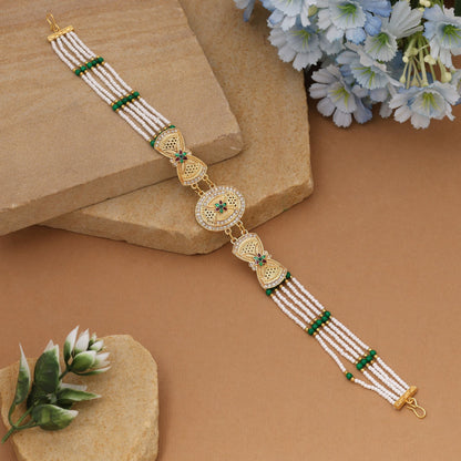 Green & White Color Matha Patti Designed With Ethnic Charm And Kundan Artistry