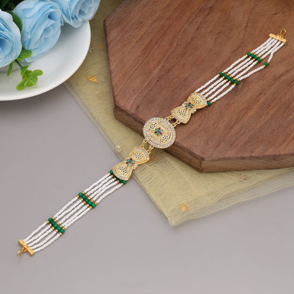 Green & White Color Matha Patti Designed With Ethnic Charm And Kundan Artistry