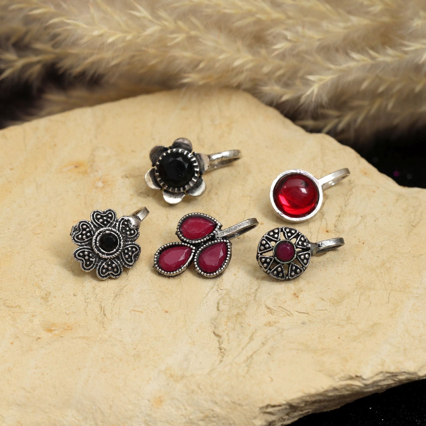 Exclusive Assorted Color And Design Oxidised Nose Pin Combo Of 5 Pieces For Women
