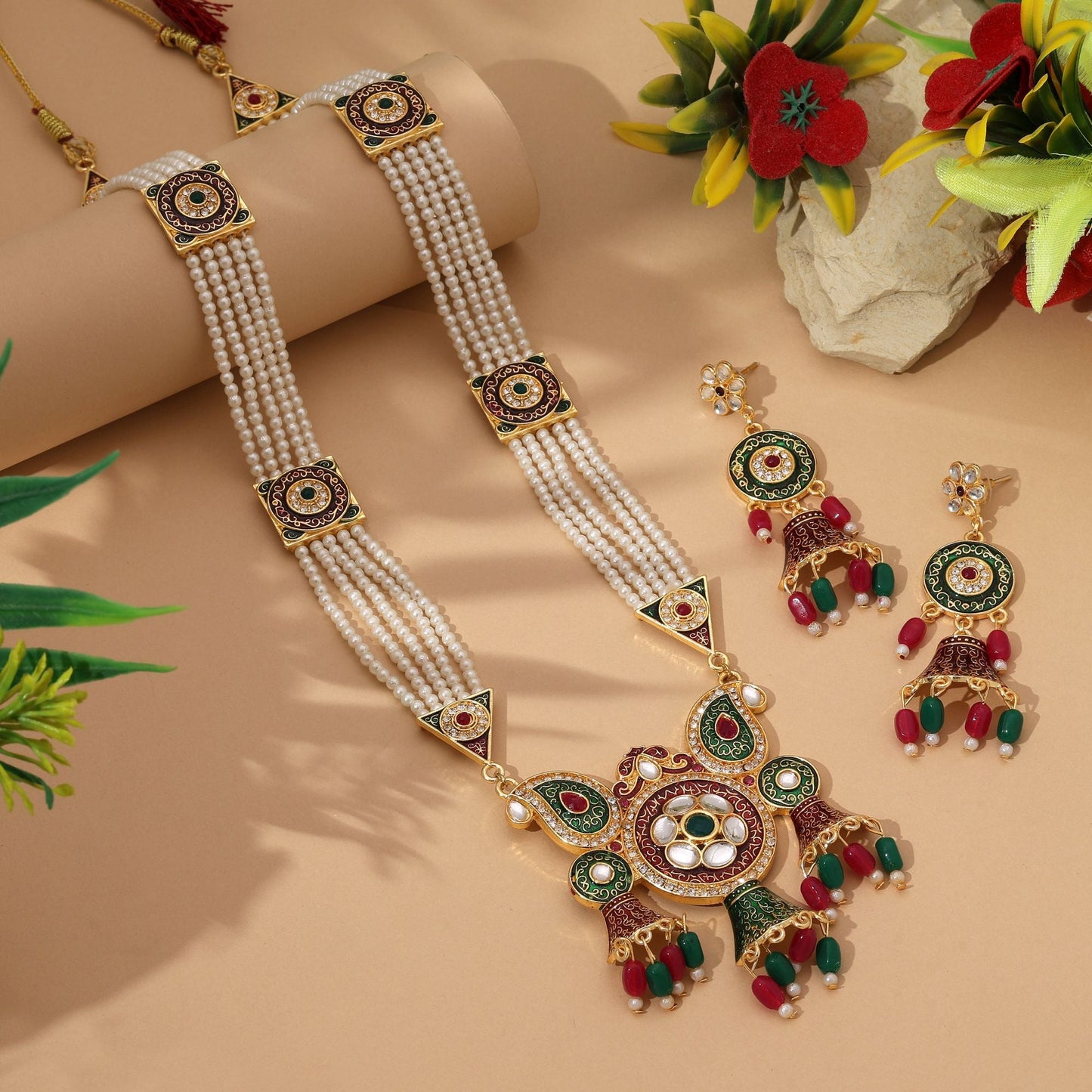 Royal Maroon & Green Color Rajputi Jewellery Rani Haar With Antique Ethnic Look