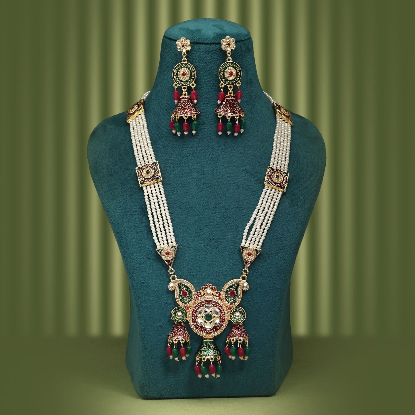 Royal Maroon & Green Color Rajputi Jewellery Rani Haar With Antique Ethnic Look