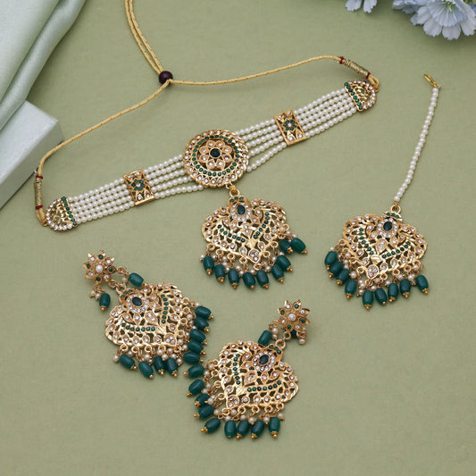 Green Color Choker Rajputi Jewellery Rani Haar Featuring Regal Craftsmanship