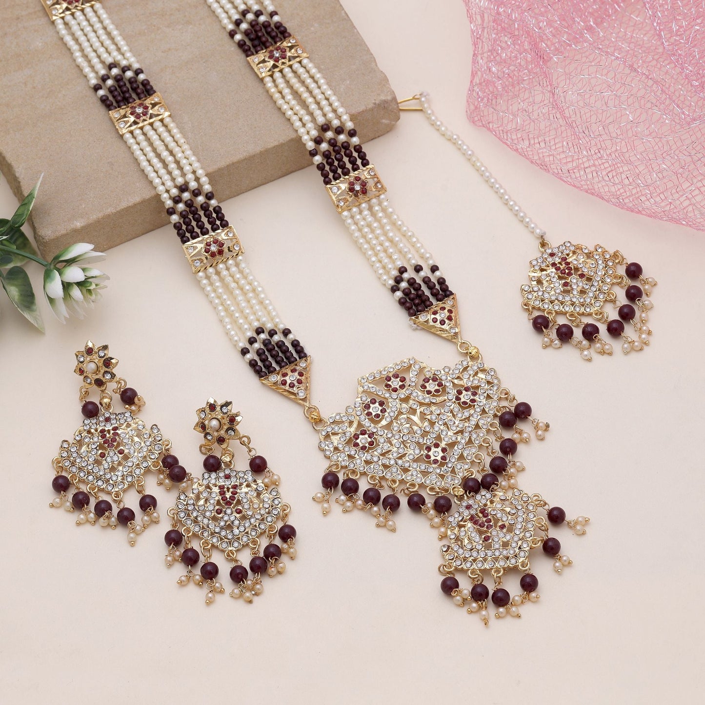 Maroon Color Rajputi Jewellery Rani Haar With Rich Cultural Finish
