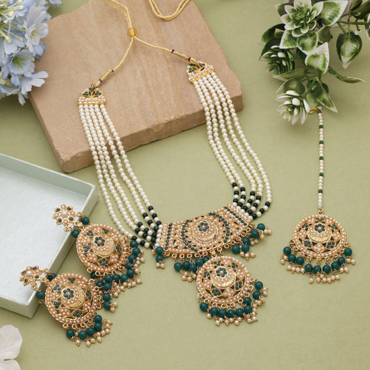 Green Color Rajputi Jewellery Rani Haar Featuring Traditional Charm