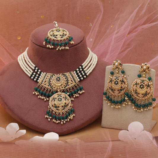 Green Color Rajputi Jewellery Rani Haar Featuring Traditional Charm