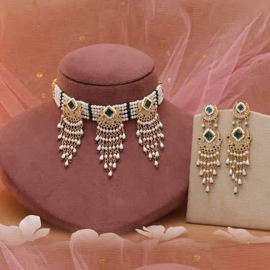 Green & White Color Choker Rajputi Jewellery Rani Haar With Regal Style