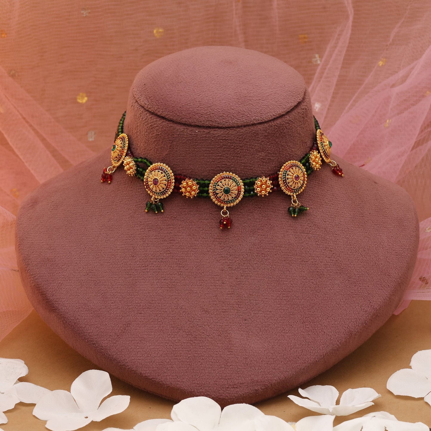 Maroon & Green Color Choker Rajputi Jewellery Rani Haar For Weddings