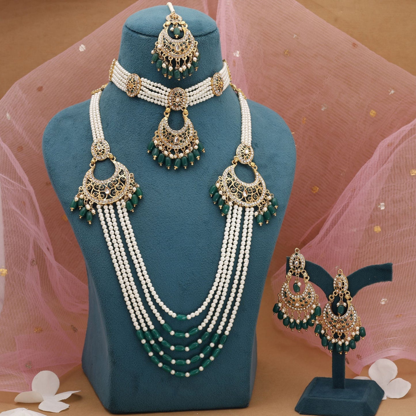 Green Color Rajputi Jewellery Rani Haar With Cultural Grandeur