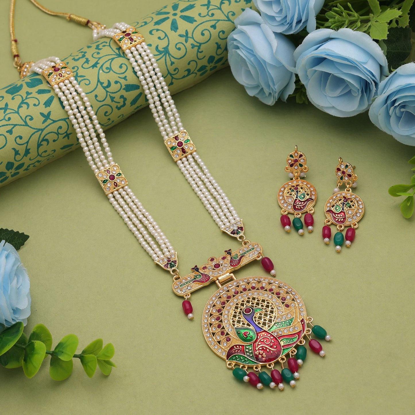 Royal Rani & Green Color Jewellery Rani Haar With Traditional Kundan Necklace Set