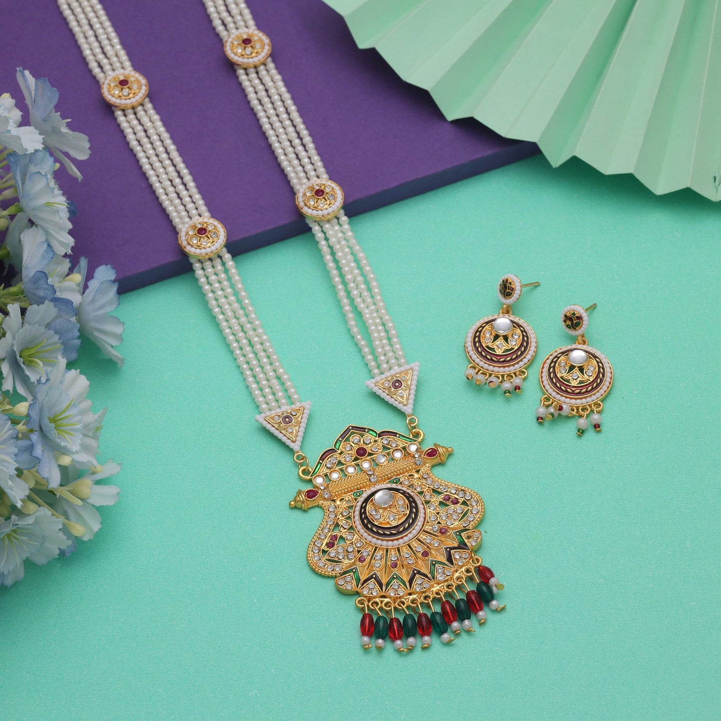 Traditional Multi Color Jewellery Rani Haar With Handcrafted Kundan Necklace Set