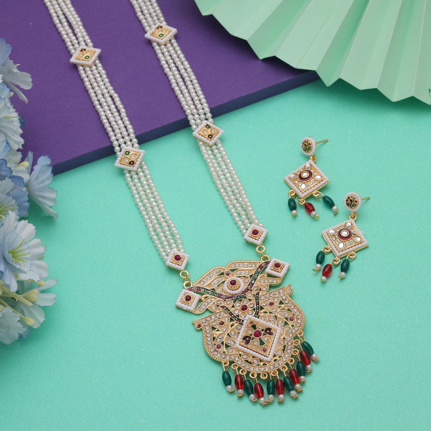 Festive Multi Color Jewellery Rani Haar Styled With Elegant Kundan Necklace Set