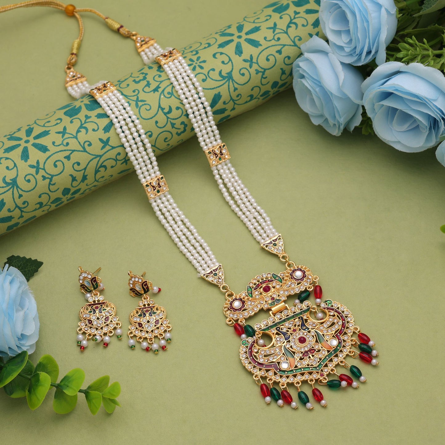 Ethnic Multi Color Jewellery Rani Haar Adorned With Stunning Kundan Necklace Set
