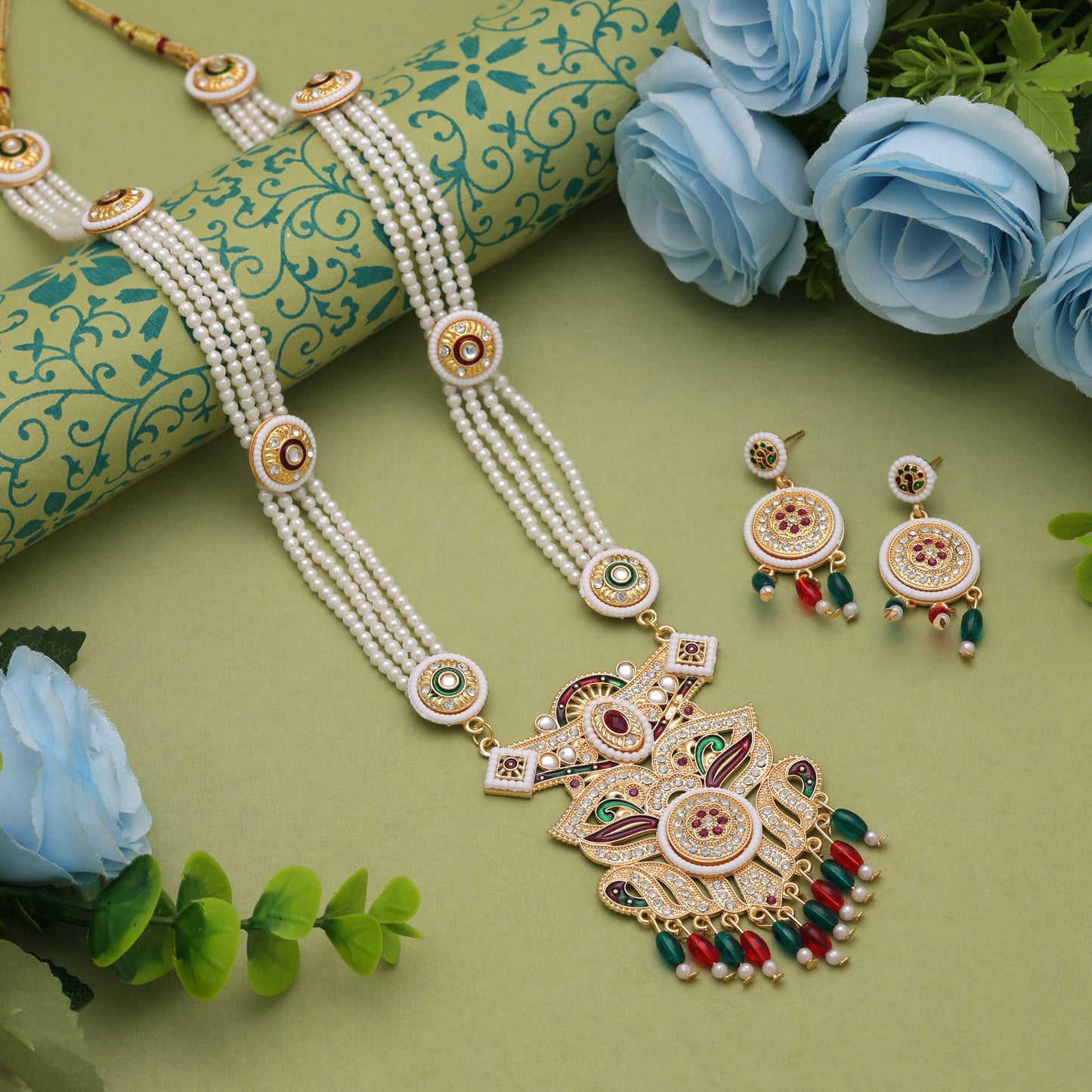 Premium Multi Color Jewellery Rani Haar With Beautiful Kundan Necklace Set Design