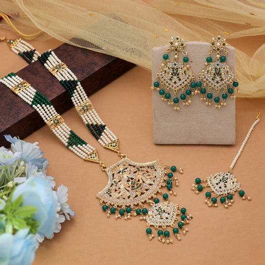 Traditional Green Color Jewellery Rani Haar Paired With Premium Kundan Necklace Set