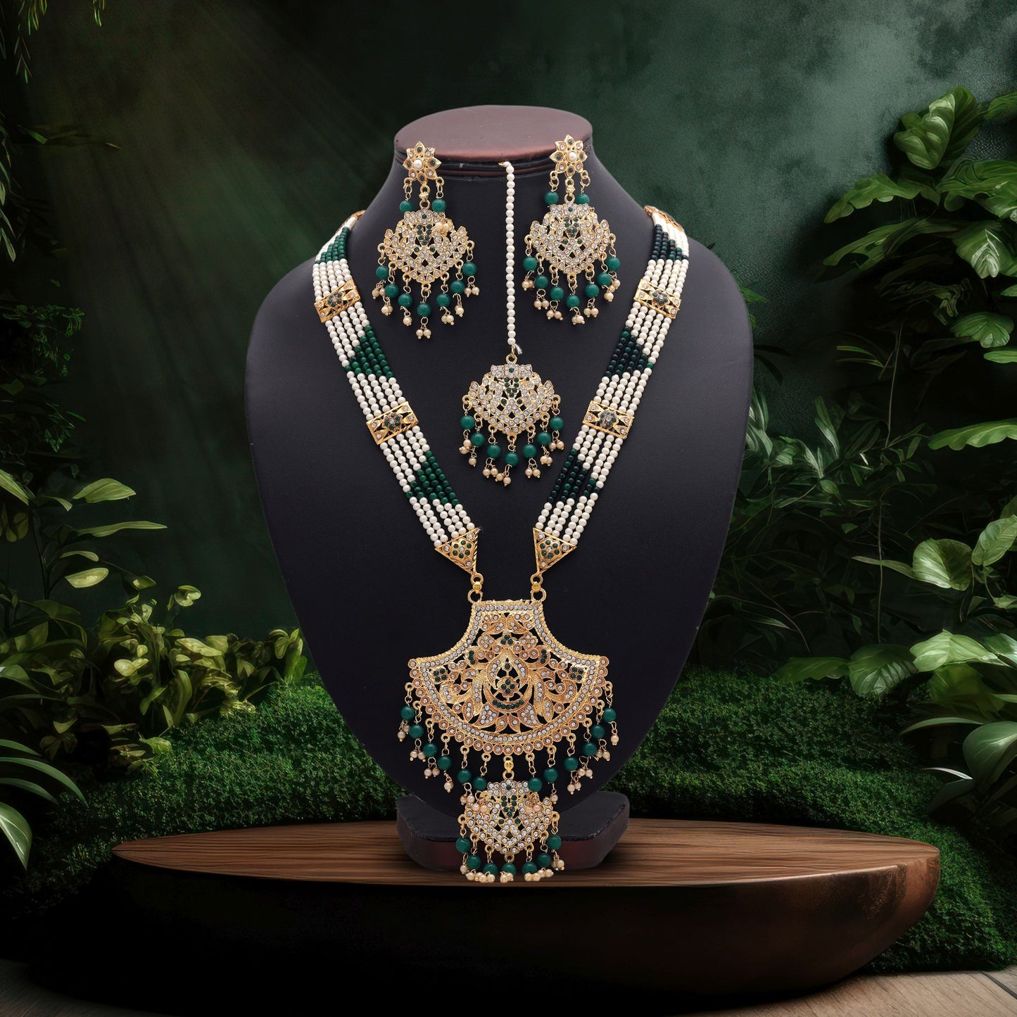 Traditional Green Color Jewellery Rani Haar Paired With Premium Kundan Necklace Set