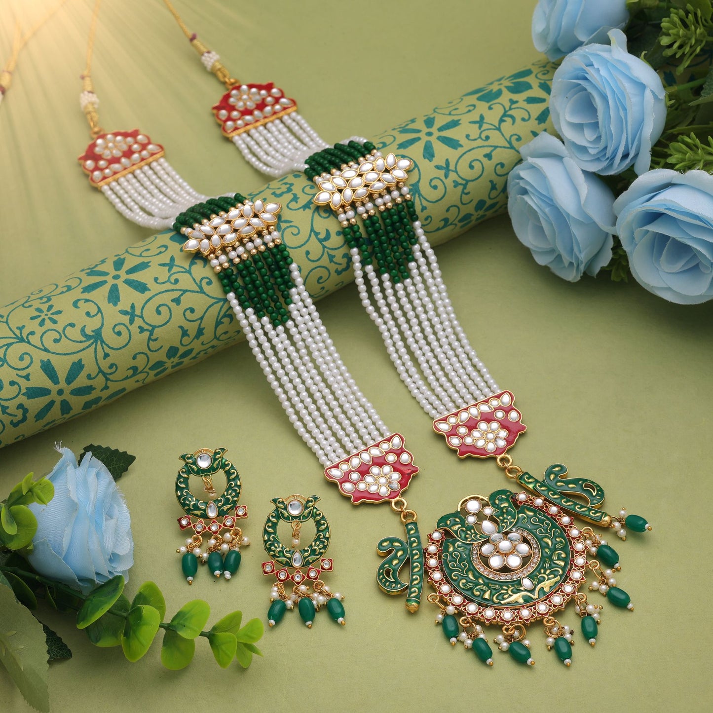 Classic Green Color Jewellery Rani Haar Featuring Elegant Kundan Necklace Set Design
