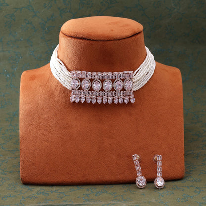 Gorgeous White Color Choker Stone Necklace Set For Elegant Festive Style