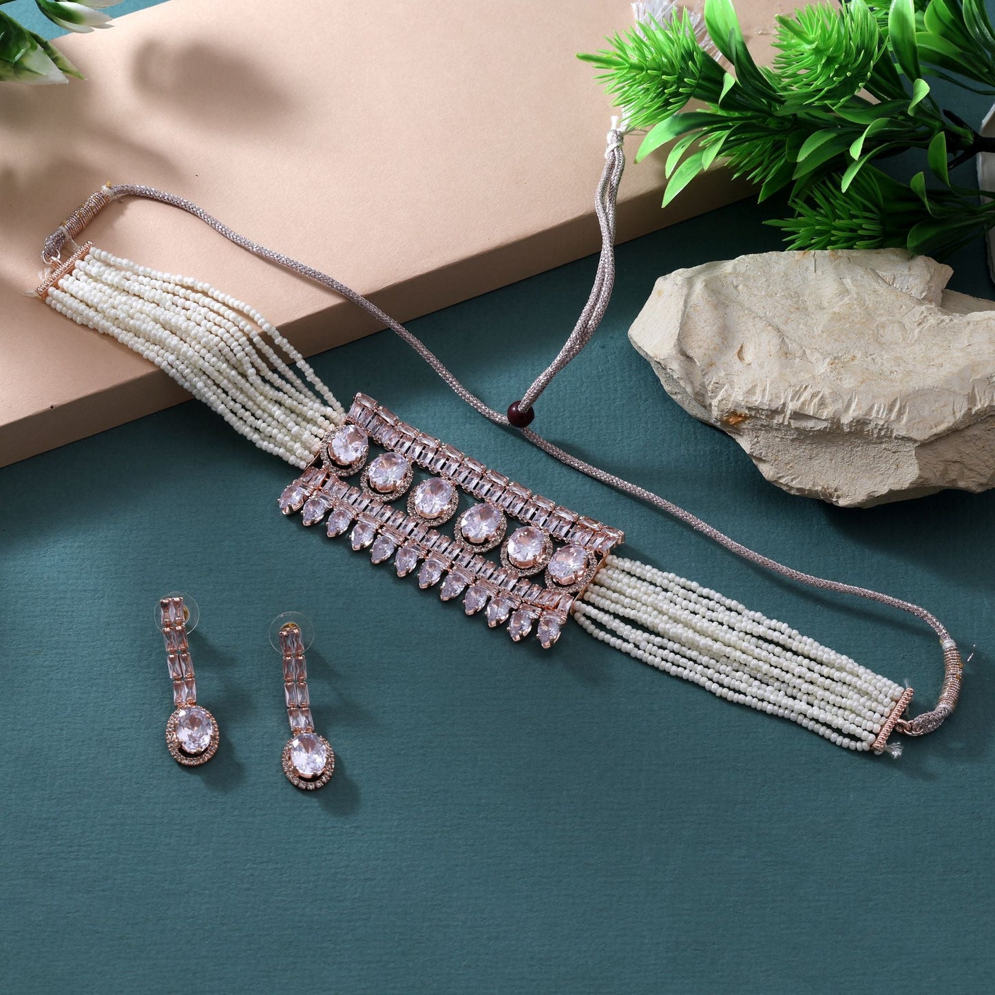 Gorgeous White Color Choker Stone Necklace Set For Elegant Festive Style