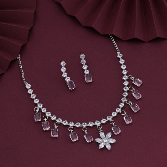 Bright Pink Color Stone Necklace Set With Polished Finish For Women