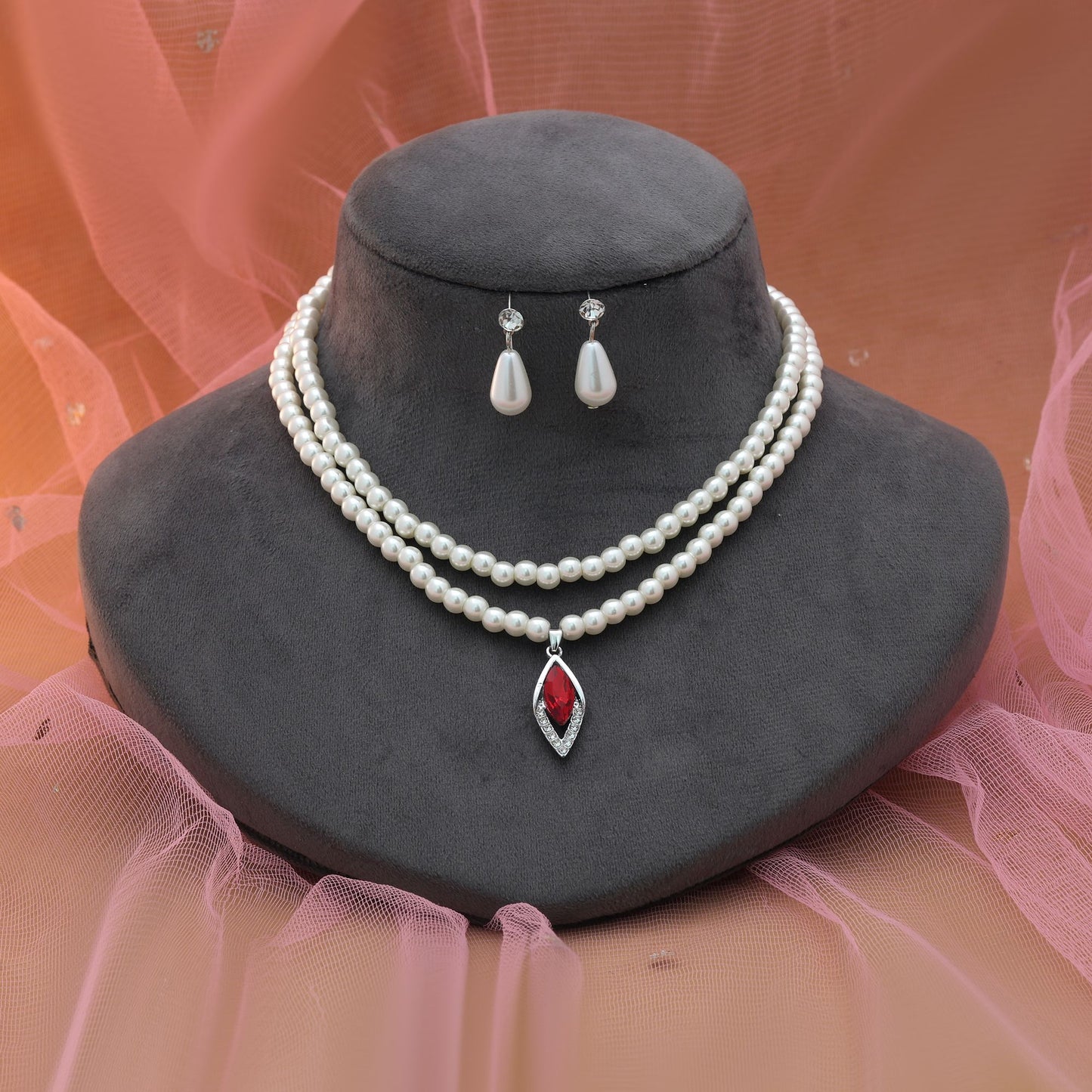 Red Color Stone Necklace Set Bold Traditional Festive Wear Jewelry Design