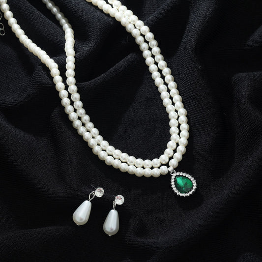 Green Color Stone Necklace Set Traditional Elegant Festive Jewelry Style