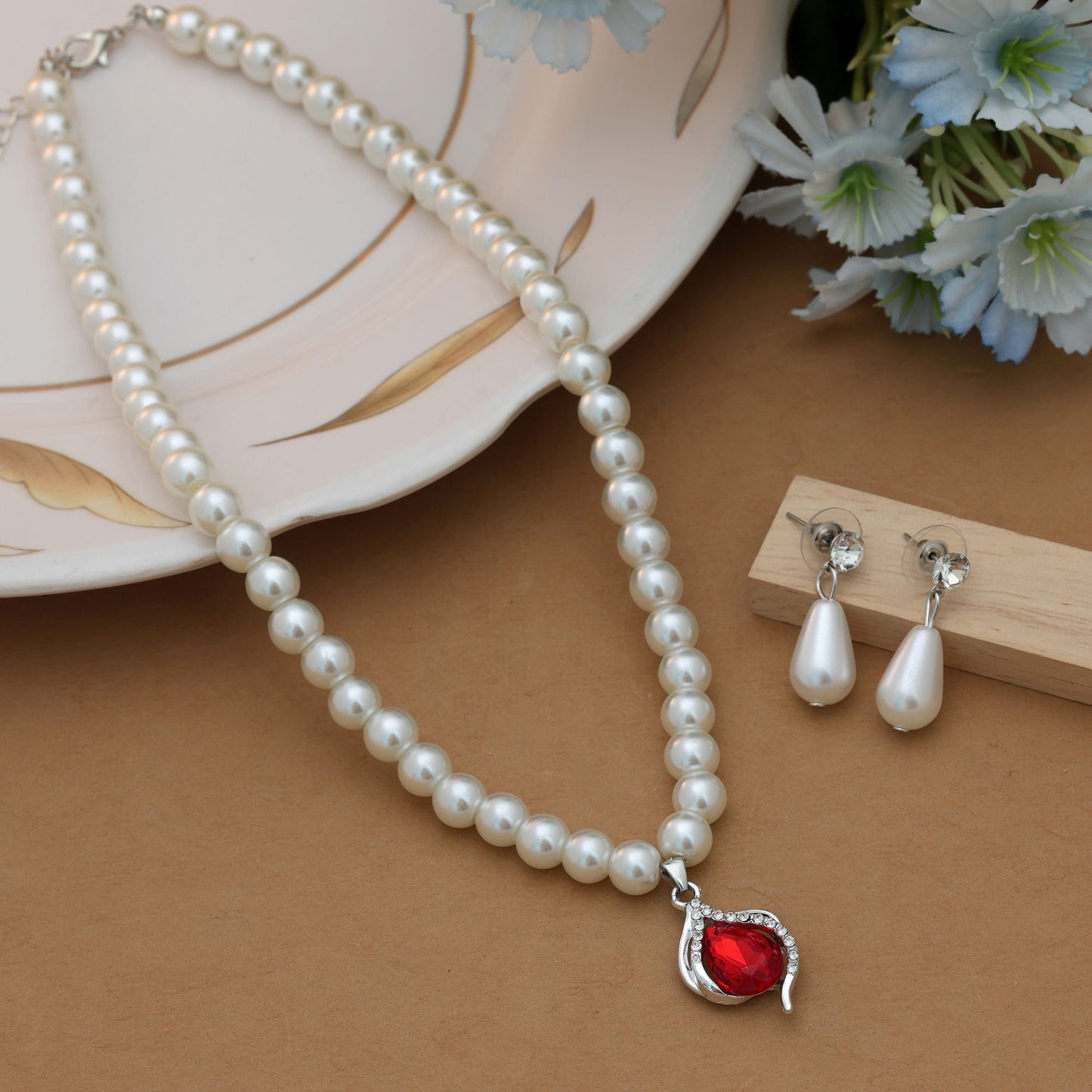 Red Color Stone Necklace Set Classic Ethnic Festive Jewelry Style