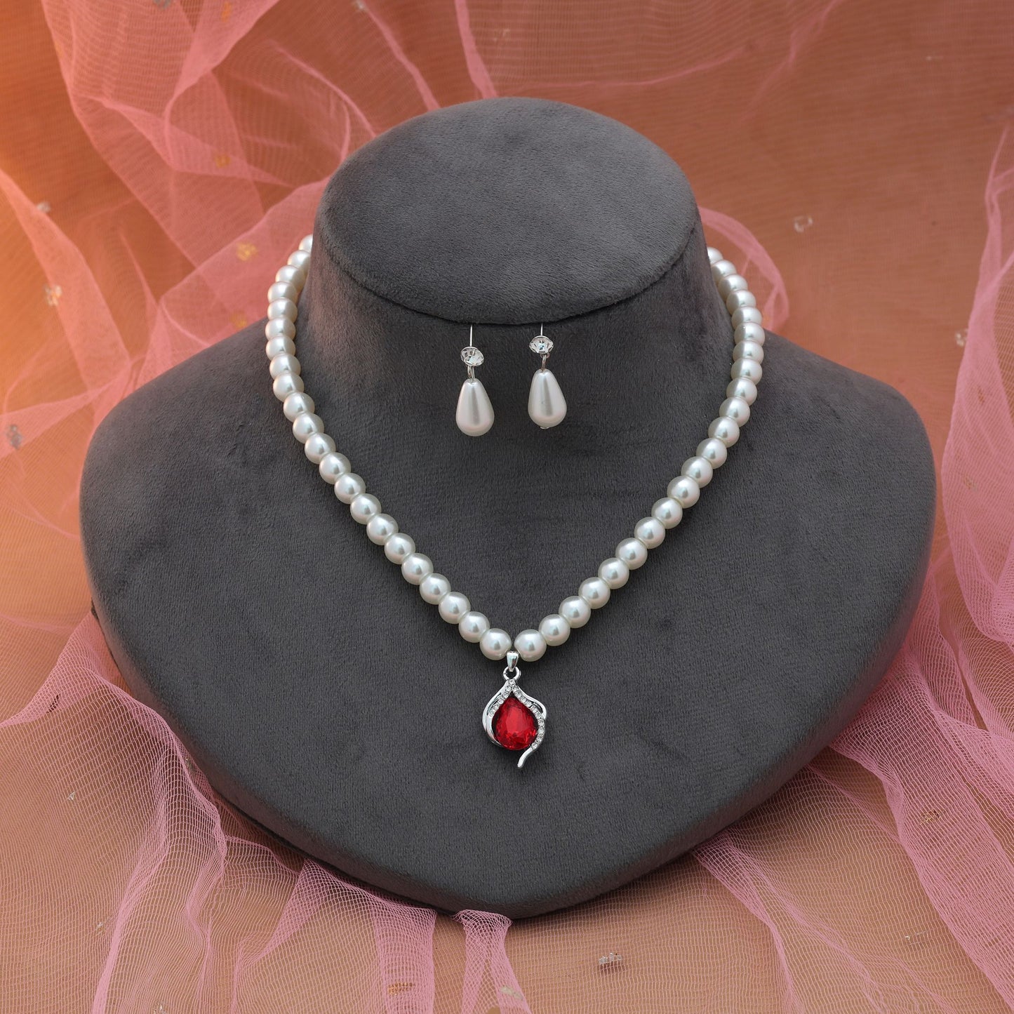 Red Color Stone Necklace Set Classic Ethnic Festive Jewelry Style