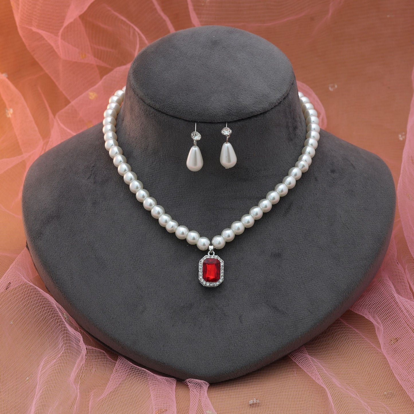 Red Color Stone Necklace Set Traditional Bold Festive Jewelry Design