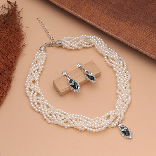 Green Color Stone Necklace Set Featuring Royal Ethnic Design with Attractive Jewelry Finish