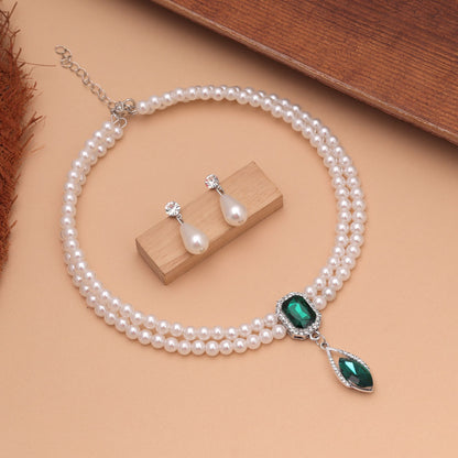 Green Color Stone Necklace Set with Charming Designer Finish and Traditional Wear Elegance