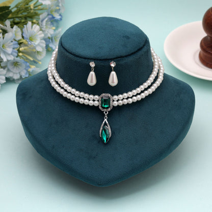 Green Color Stone Necklace Set with Charming Designer Finish and Traditional Wear Elegance