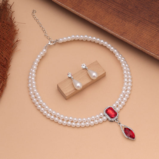 Red Color Stone Necklace Set Crafted with Vibrant Ethnic Pattern for Festive Occasion Wear