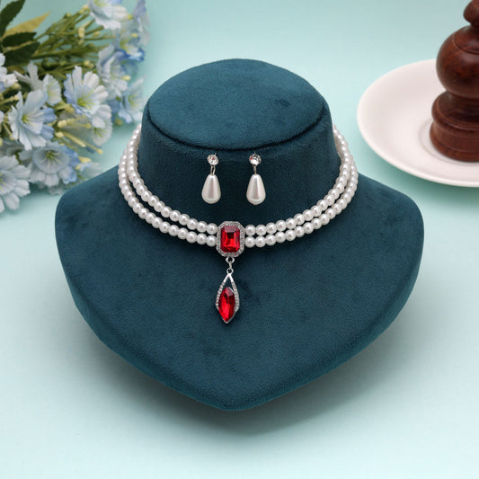 Red Color Stone Necklace Set Crafted with Vibrant Ethnic Pattern for Festive Occasion Wear