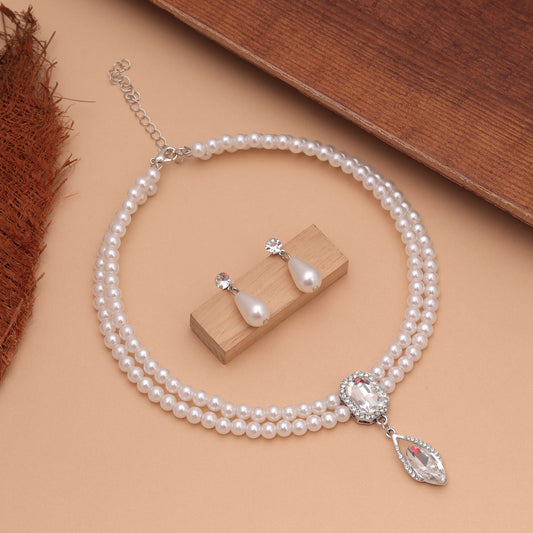 White Color Stone Necklace Set Designed with Graceful Detailing and Trendy Traditional Accessories Look