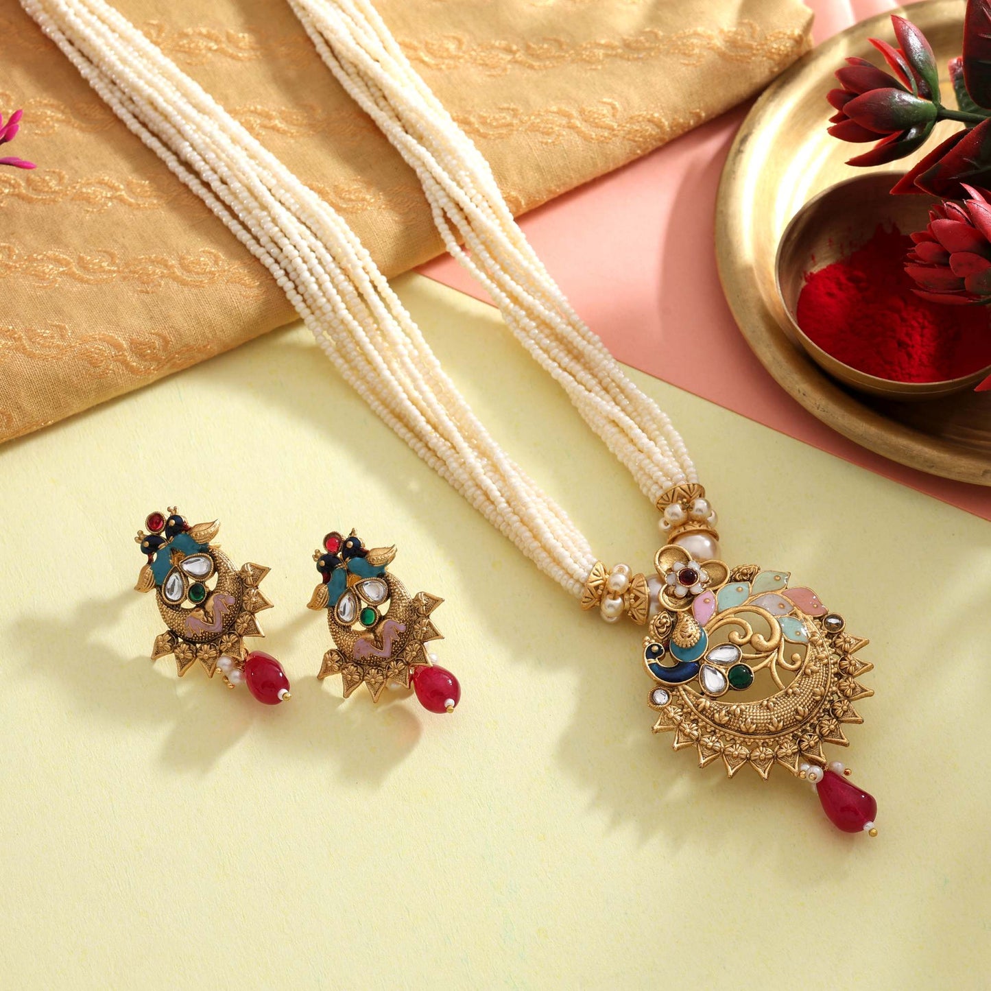 Elegant Multi Color Meena Work Designer Matte Gold Necklace Set For Weddings
