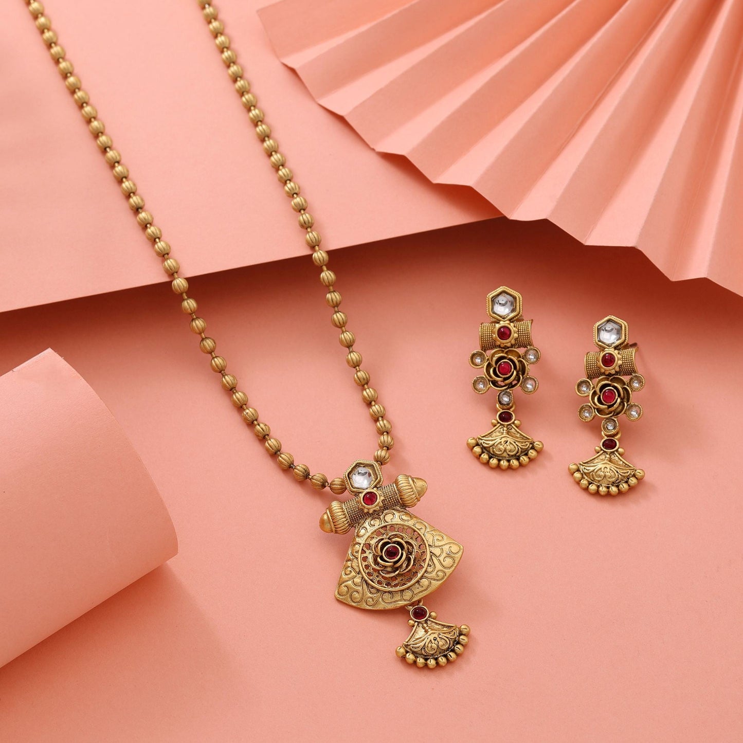 Gorgeous Rani Color Premium Crafted Matte Gold Necklace Set For Festive Wear