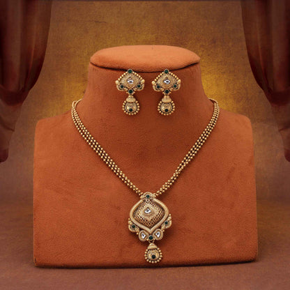 Classic Green Color Antique Polish Matte Gold Necklace Set For Party Wear