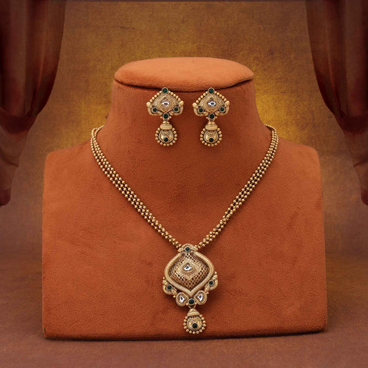 Classic Green Color Antique Polish Matte Gold Necklace Set For Party Wear