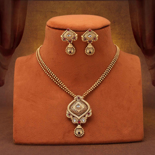 Stylish Rani Color Matte Gold Necklace Set With Stone Embellished Design