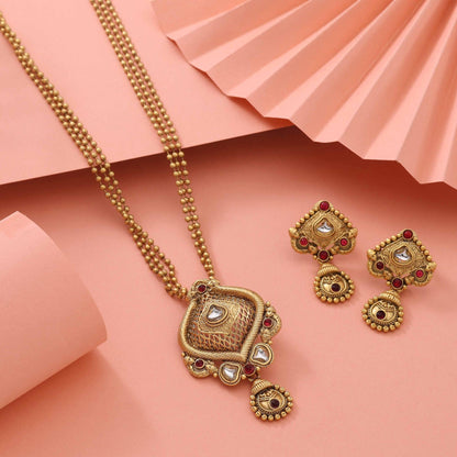 Stylish Rani Color Matte Gold Necklace Set With Stone Embellished Design