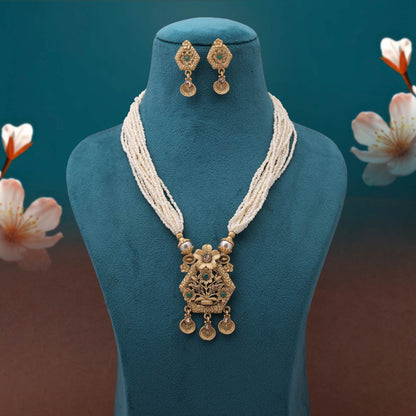 Exquisite Green Color Ethnic Inspired Matte Gold Necklace Set For Traditional Look