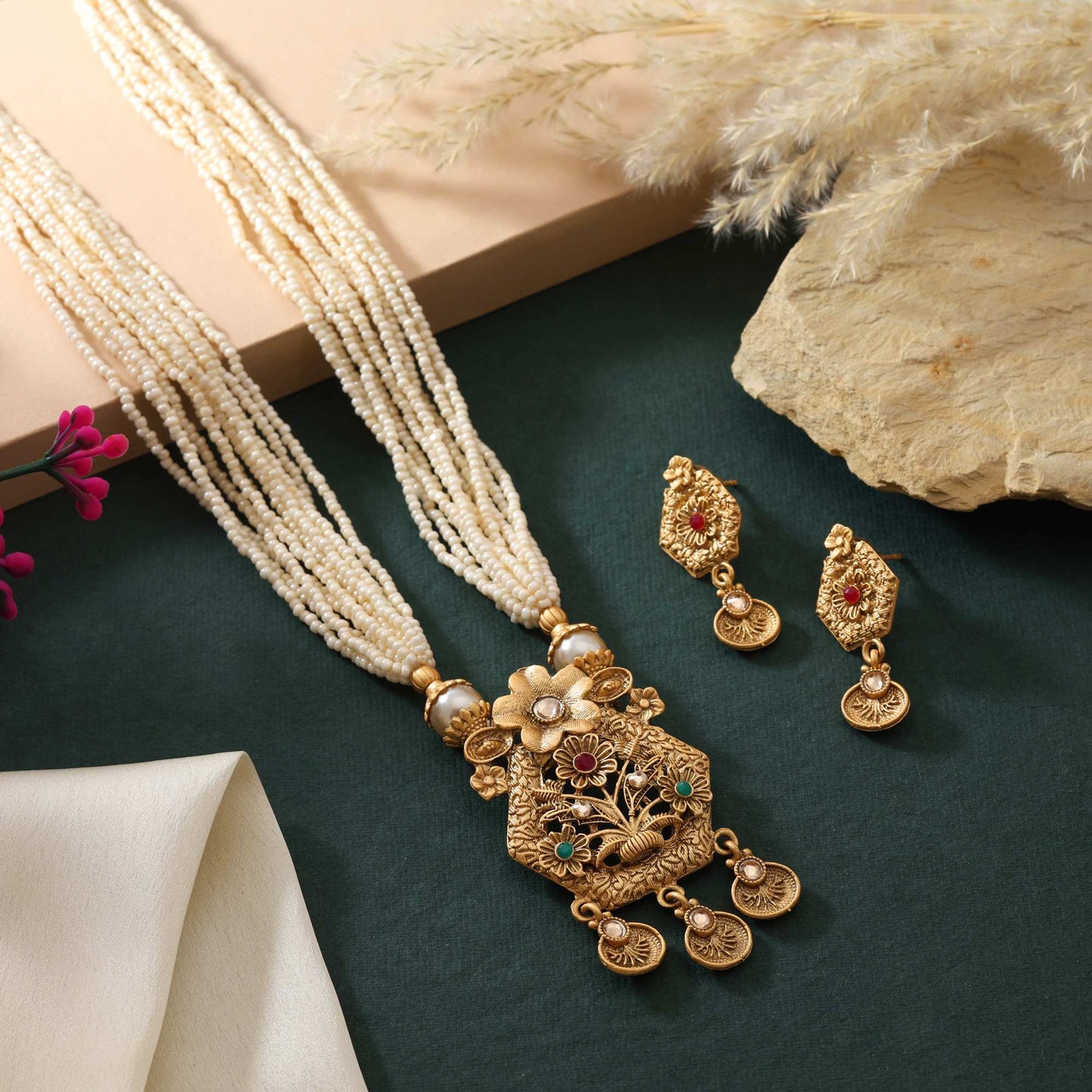 Dazzling Rani And Green Color Matte Gold Necklace Set With Kundan Accents