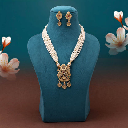 Dazzling Rani And Green Color Matte Gold Necklace Set With Kundan Accents