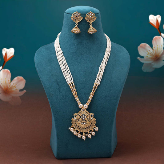 Royal Touch Gold Color Designer Crafted Matte Gold Necklace Set For Grand Events