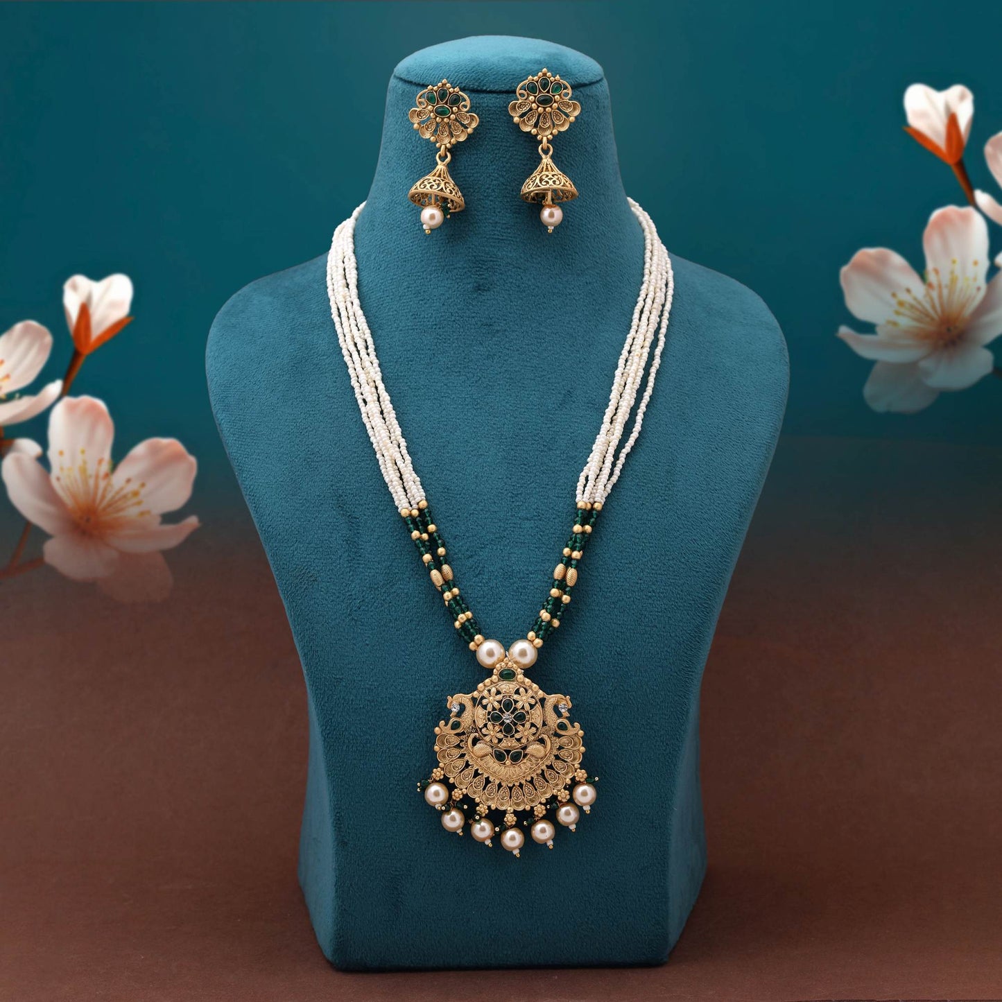 Fresh Green Color Matte Gold Necklace Set With Elegant Floral Inspired Patterns