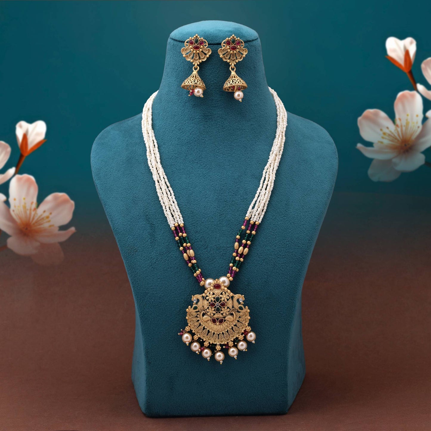 Charming Rani And Green Color Matte Gold Necklace Set With Meenakari Art